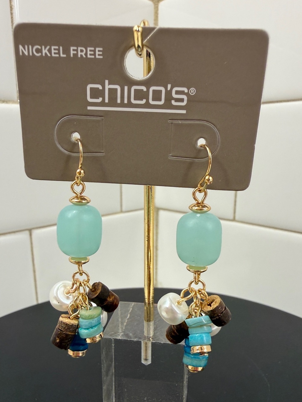 Chico's Aqua and Turquoise Bead Drop Earrings with Gold